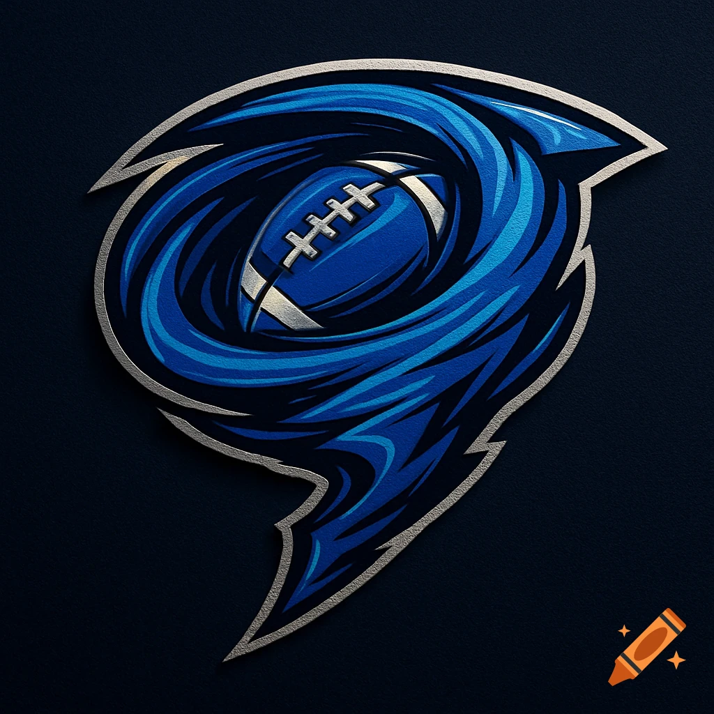 A blue and silver football logo with a swirling cyclone design.