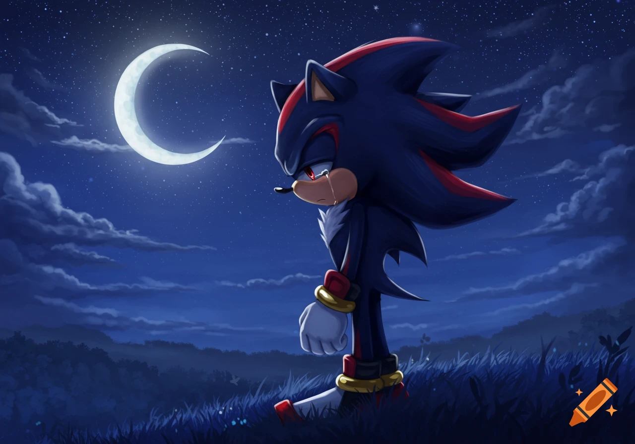 Shadow the Hedgehog crying in a moonlit grassy field under a starry night sky.