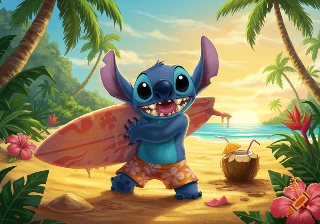 A smiling Stitch holds a surfboard on a sunny tropical beach.