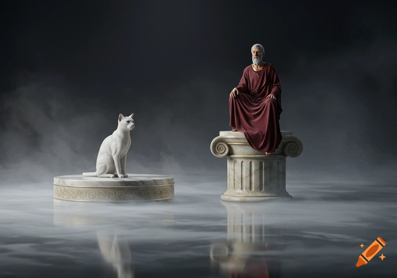 A white cat on a round marble pedestal faces an old man in a red robe on a larger classical pedestal, both in a misty, dark room.