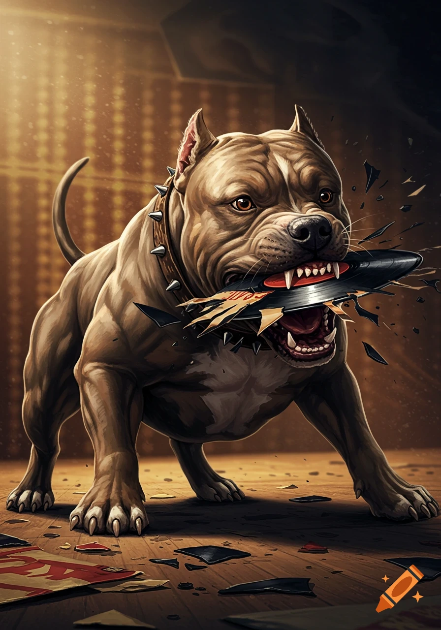 An angry, muscular pitbull dog in a spiked collar stands, biting a black vinyl record which shatters into pieces. Debris litters the wooden floor.