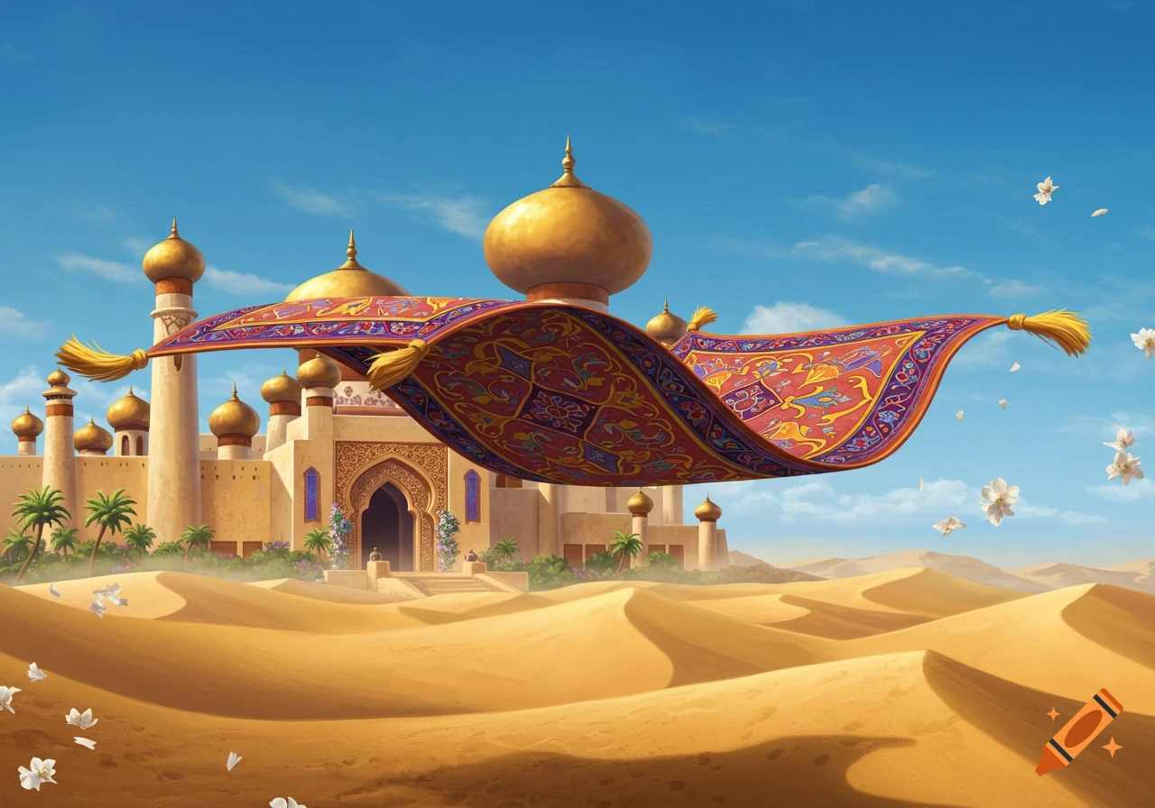 A vibrant red and gold flying carpet soars over golden desert dunes with a grand, domed palace in the background under a clear blue sky.
