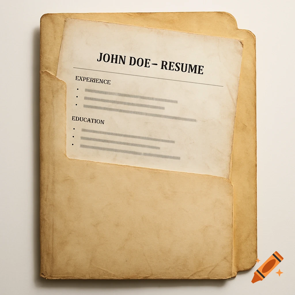 A photorealistic close-up of an old, worn manila file folder partially open, revealing a resume titled 'JOHN DOE – RESUME'.