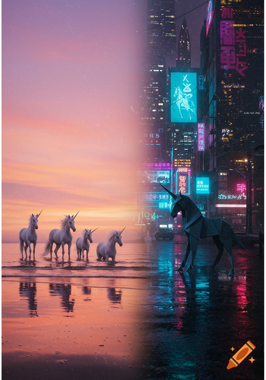 Four white unicorns in shallow water on a serene beach at sunset, contrasted with a dark origami unicorn on a wet street in a neon-lit cyberpunk city.