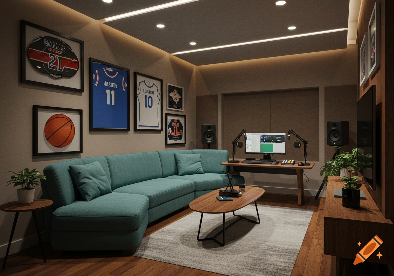 A modern home podcast studio with a teal curved sofa, wooden coffee table, and a desk with a computer and dual microphones. Sports jerseys and a helmet are framed on the wall.