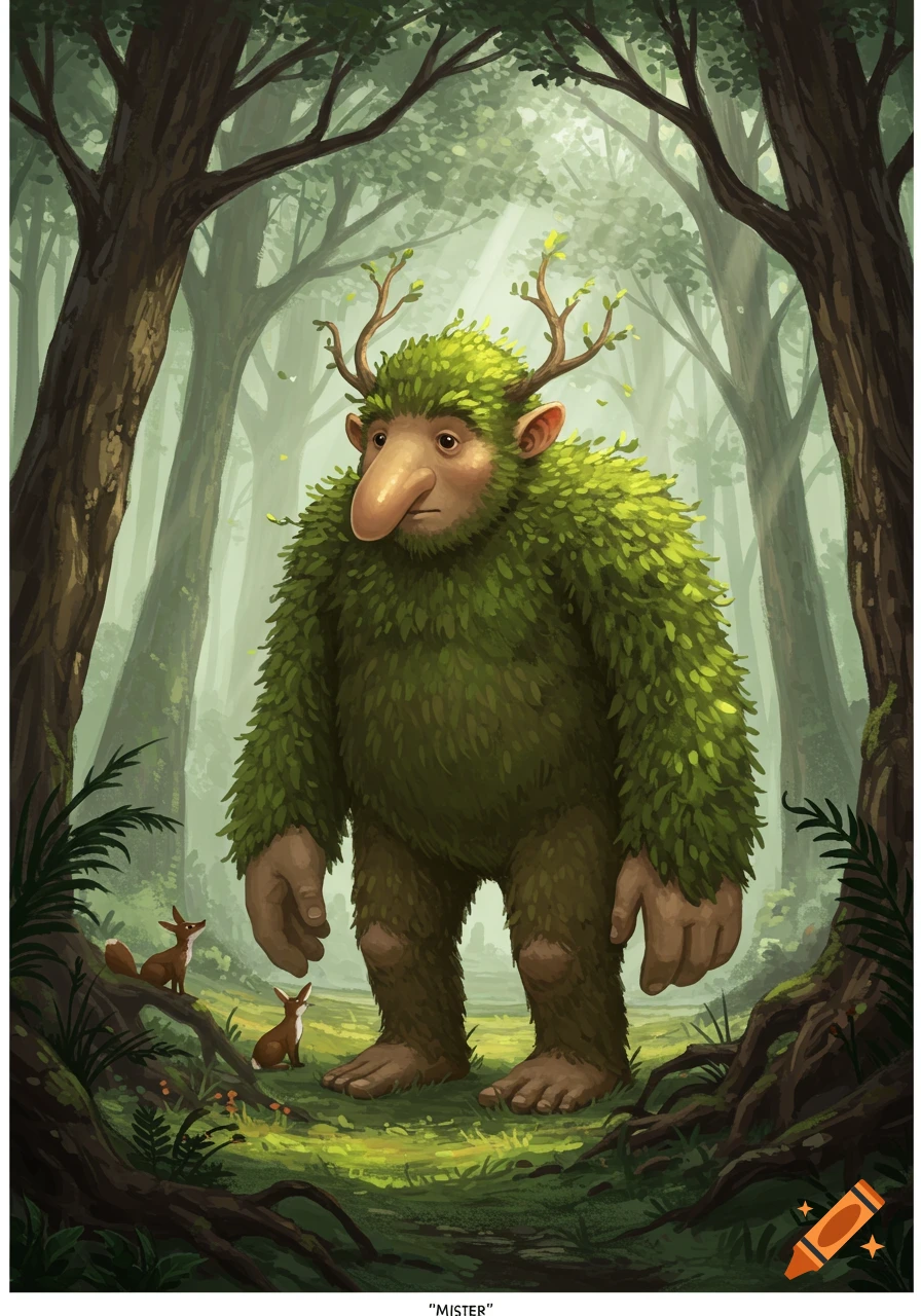 A large, moss-covered creature with a long nose and branched antlers stands in a sunlit forest with two small deer.