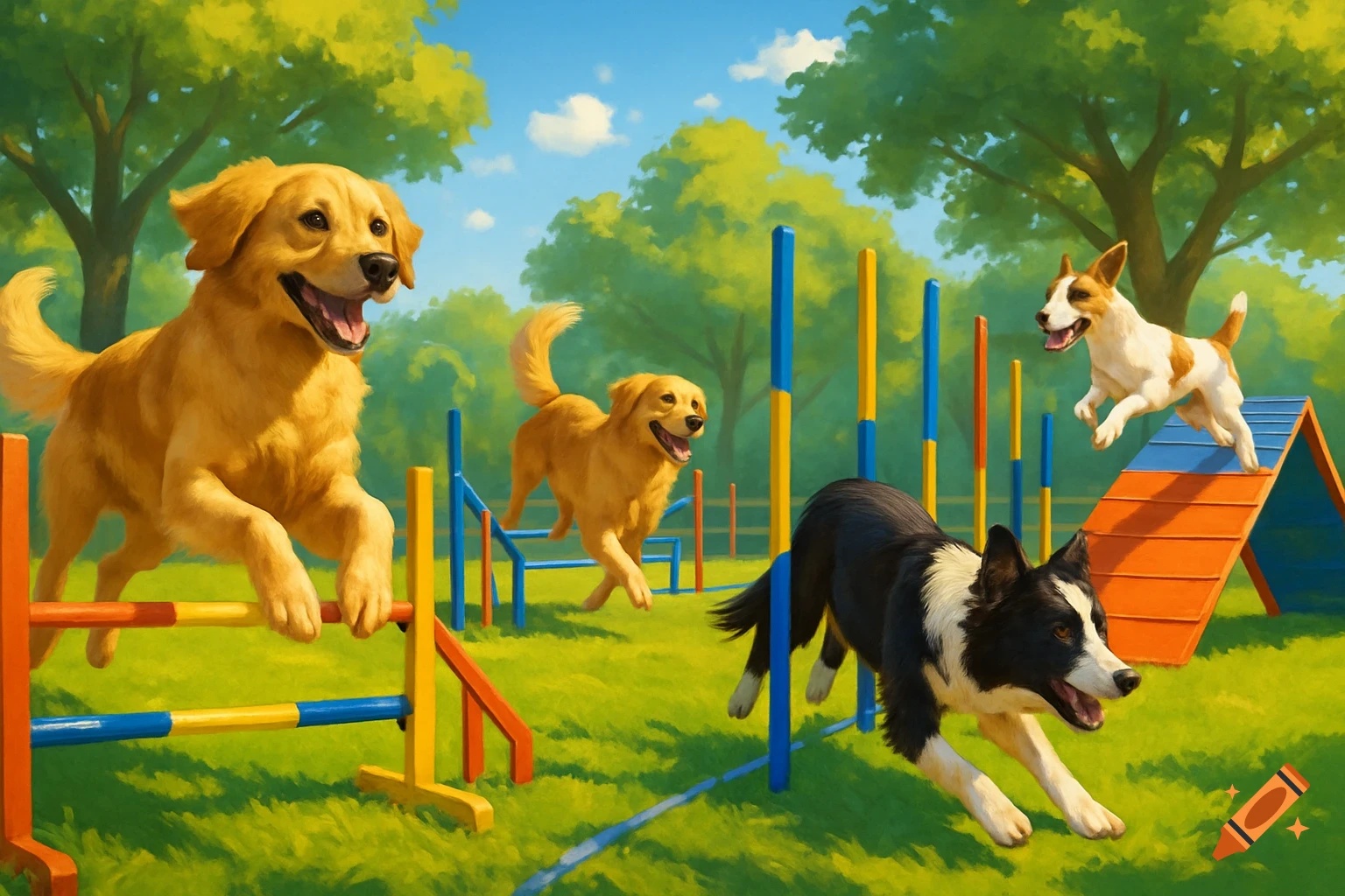 A painted scene of four dogs, including golden retrievers, a Border Collie, and a Jack Russell Terrier, happily navigating an agility course in a sunny park.