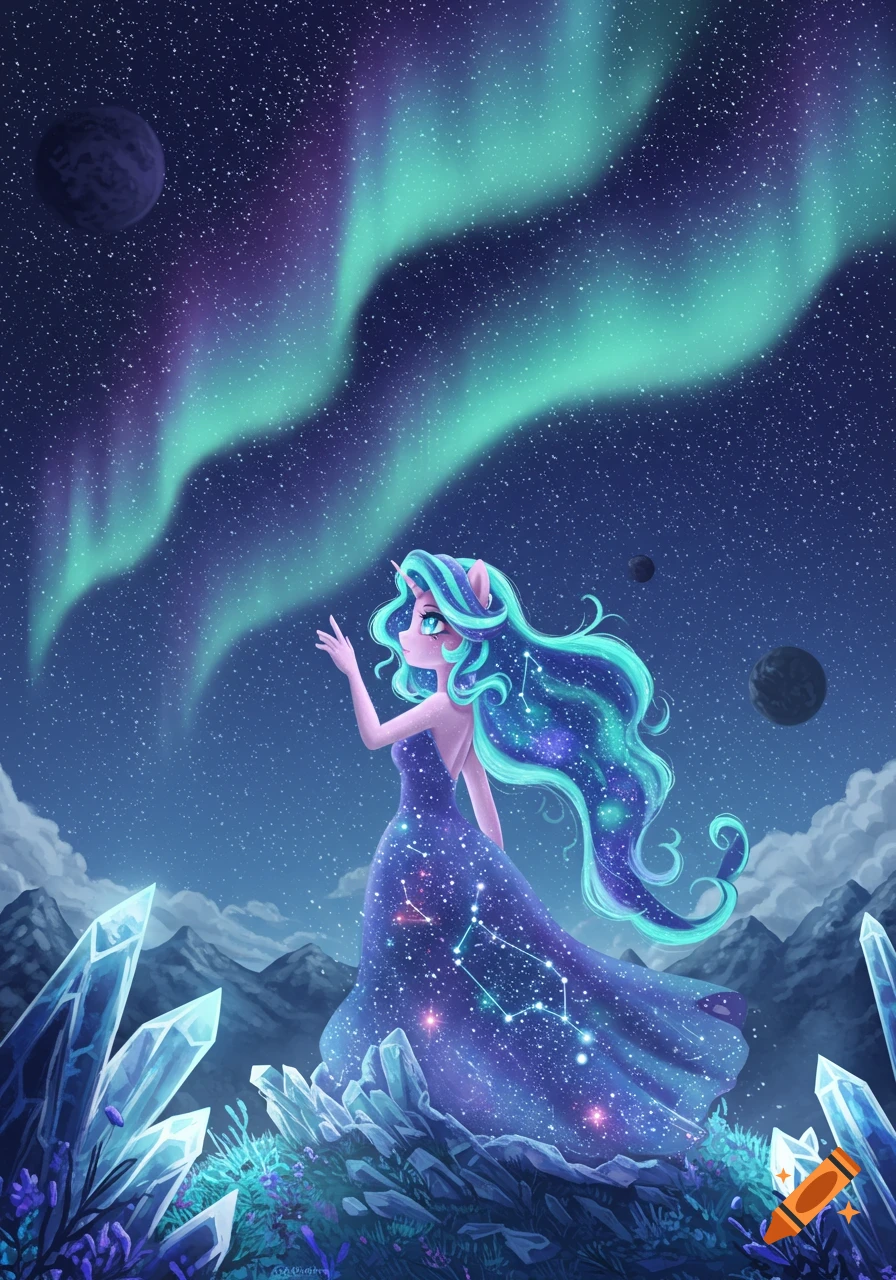 A stylized fantasy character with long, star-filled blue and green hair and a dark blue starry dress, stands on a rocky outcrop with crystals looking up at a starry sky with green and purple aurora.