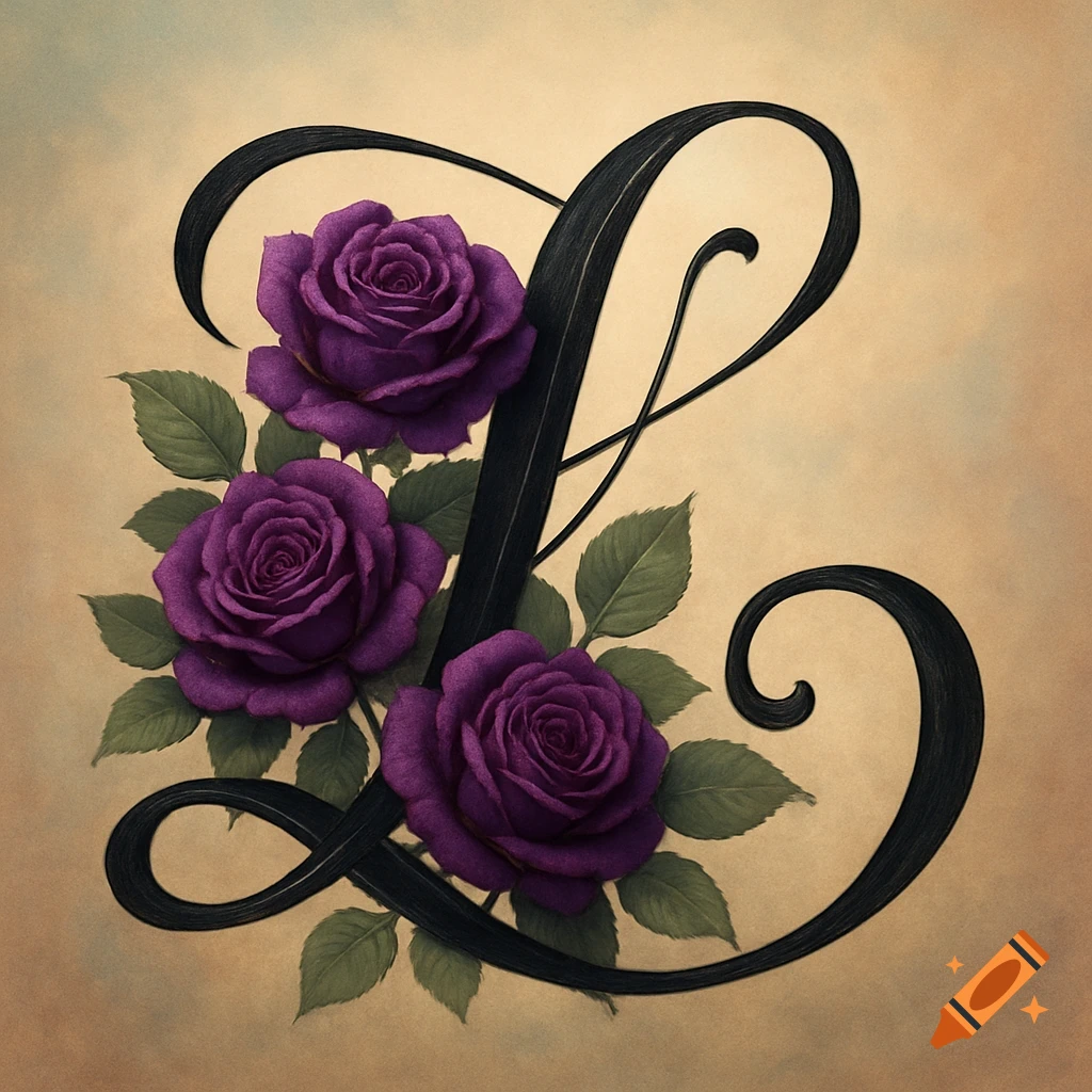 A black calligraphic capital letter L adorned with three purple roses and green leaves on a textured background.