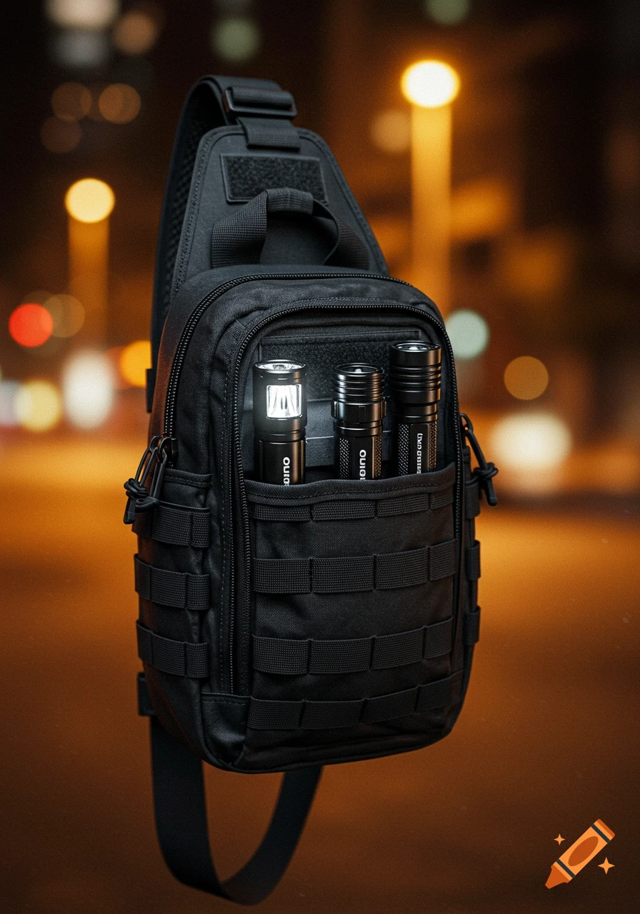 Photorealistic close-up of a black Olight EDC sling bag filled with three Olight flashlights, set against a blurry night city background.