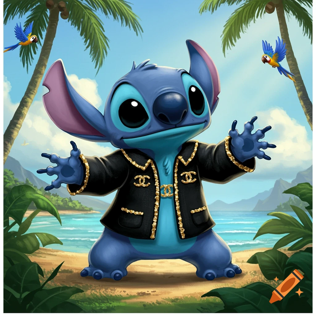 Stitch wearing a black Chanel-style jacket on a tropical beach with palm trees and parrots.