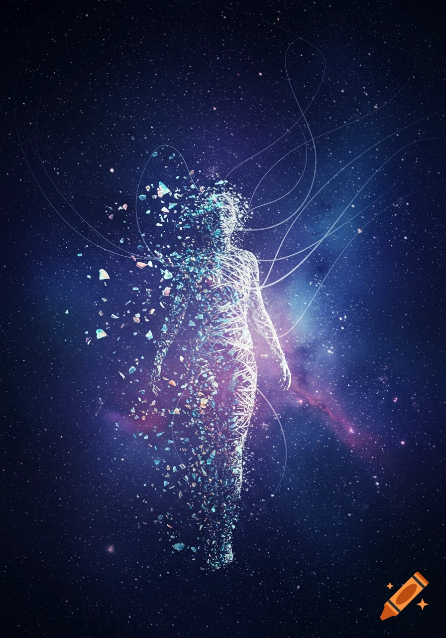 A human-like figure made of glowing particles dissolves against a dark, star-filled cosmic background with nebulae.