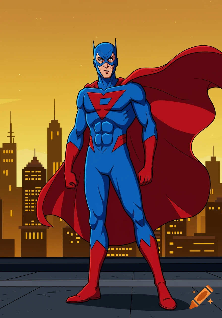 A 2D cartoon superhero in a blue and red suit with a cape and mask stands on a rooftop overlooking a cityscape at sunset.