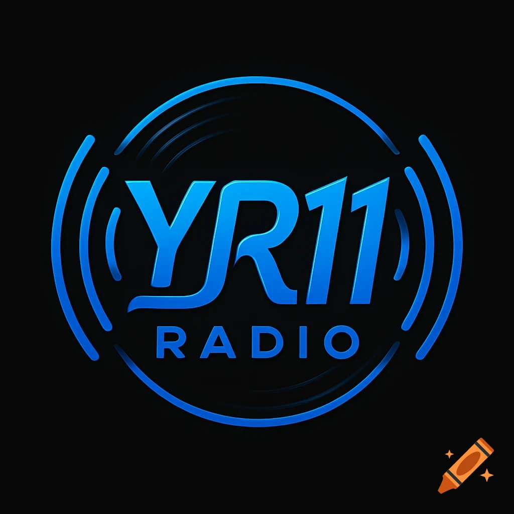 A blue logo for YR11 Radio with sound waves on a black background.