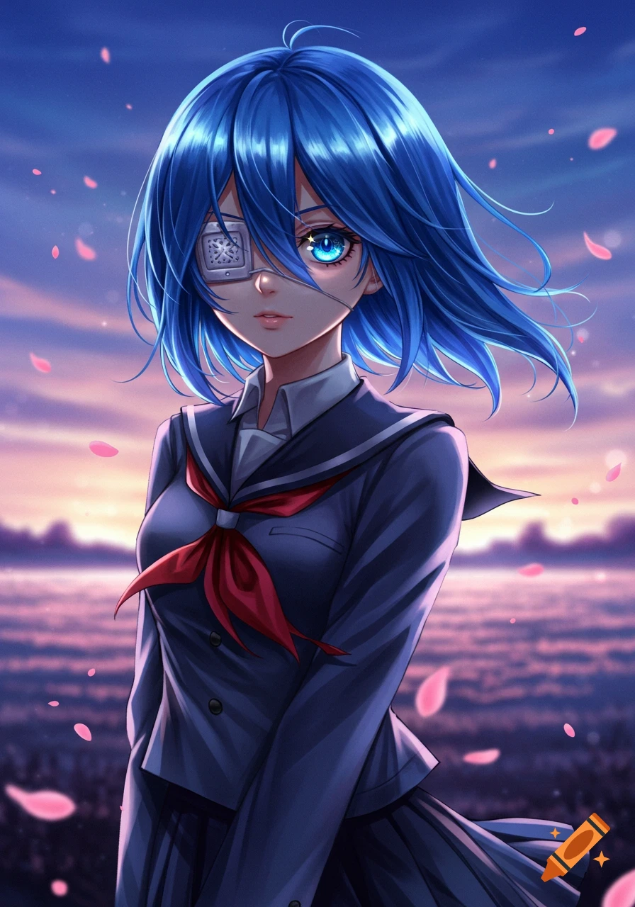 Anime girl with blue hair and a mechanical eye patch, standing in a field with a sunset sky and falling pink petals.