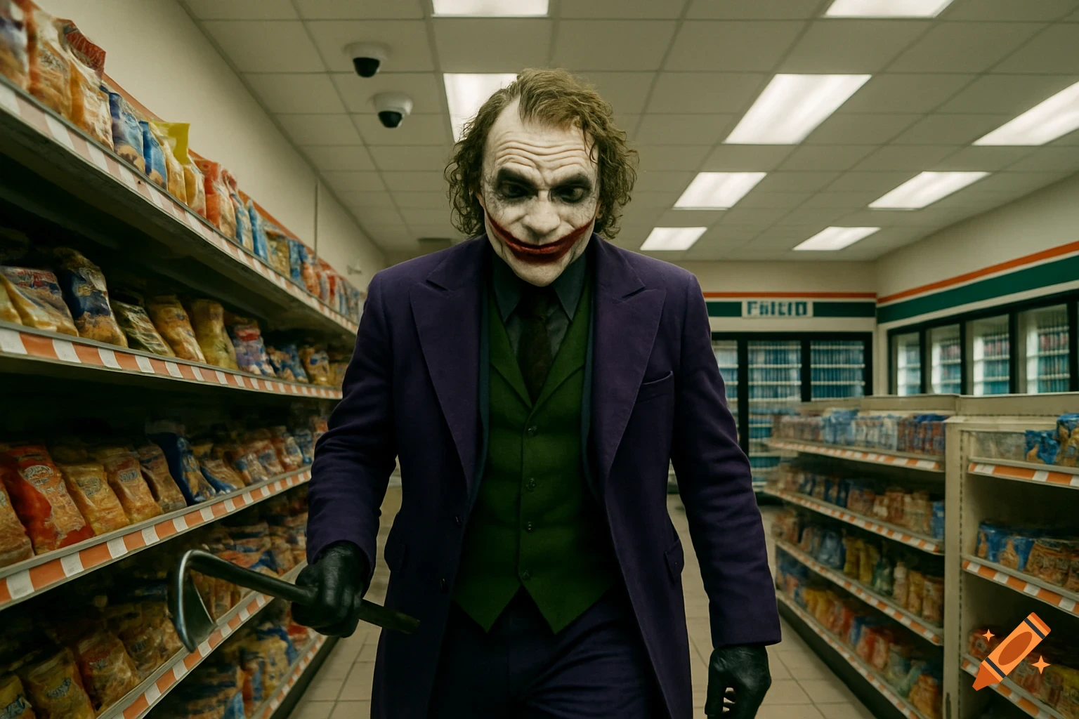 A man dressed as the Joker with white face paint and a purple suit walks down an aisle in a convenience store, holding a crowbar.