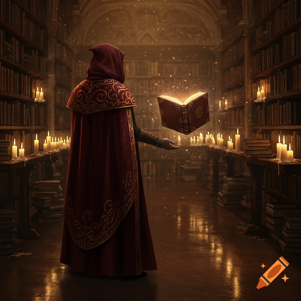 A robed figure in a candlelit library, holding a glowing, levitating book.