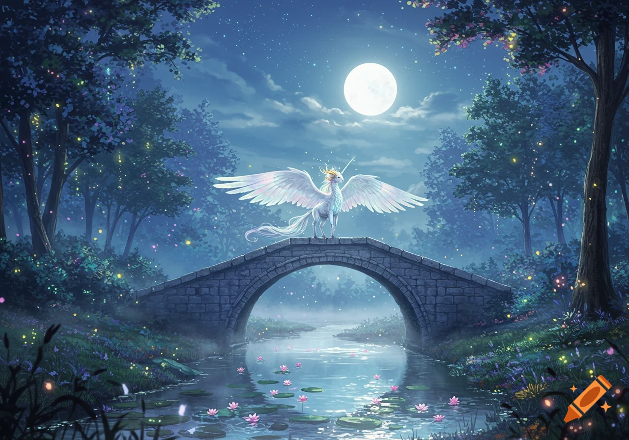 A majestic winged unicorn stands on a stone bridge over a moonlit river with glowing water lilies and trees.