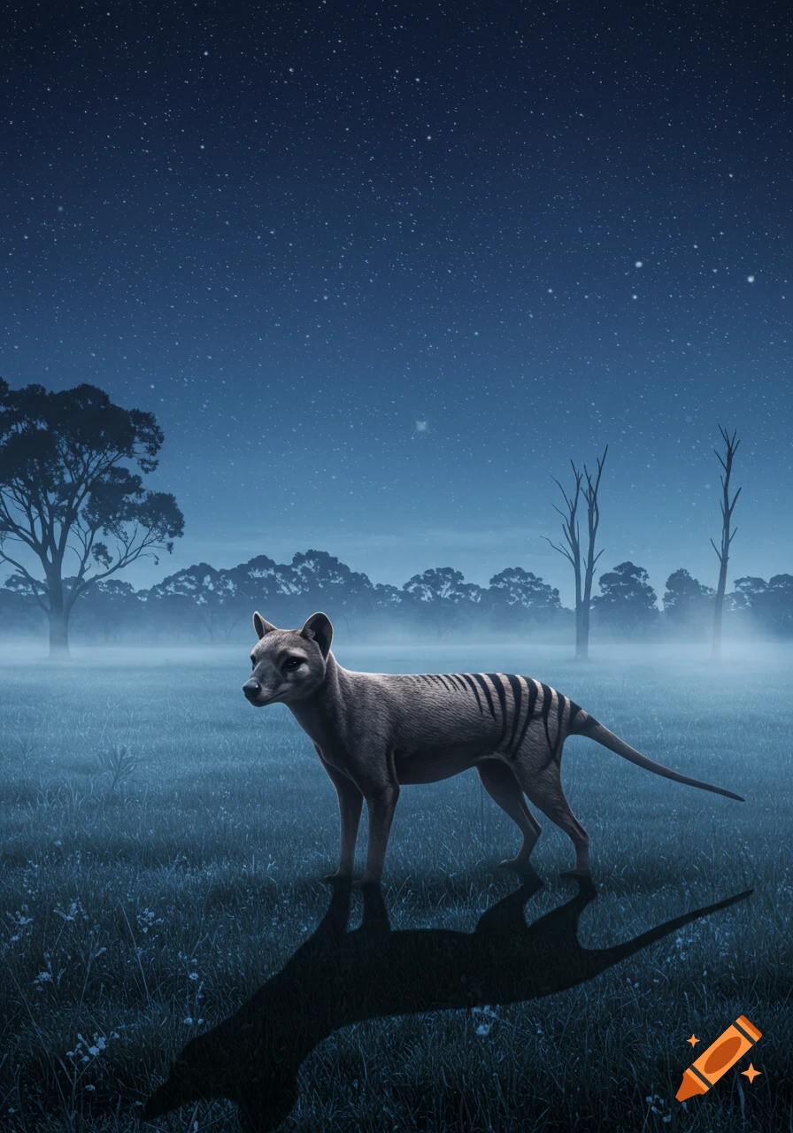 A thylacine stands in a misty field under a starry night sky with trees in the background.