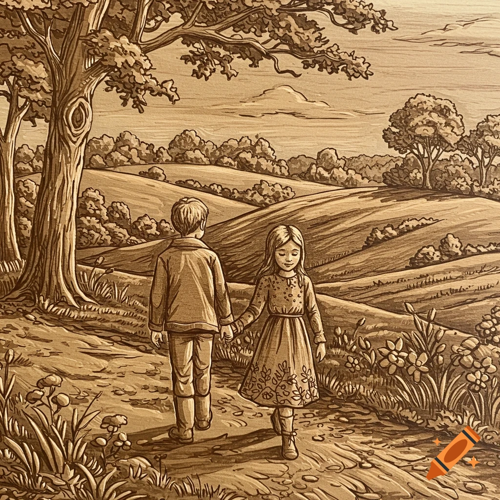 Sepia-toned woodcut illustration of a boy and girl holding hands, walking on a path through a field with trees.