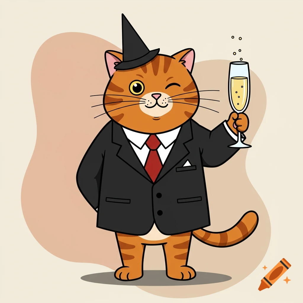 A cartoon tabby cat wearing a black suit and a pointy black hat, winking and holding up a glass of champagne.