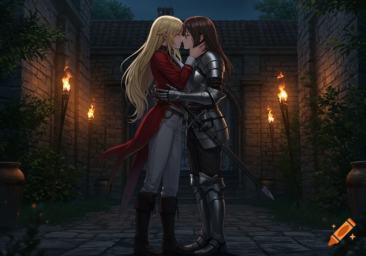 An anime drawing of a blonde woman in a red coat kissing a knight in armor in a torchlit courtyard at night.