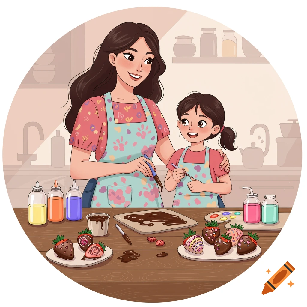 Cartoon illustration of a mother and child decorating chocolate-covered strawberries in a kitchen.