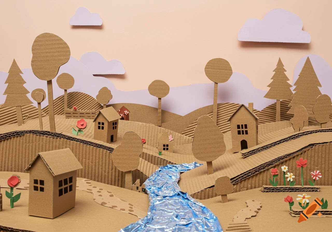 A detailed cardboard landscape diorama featuring houses, trees, rolling hills, and a blue river under a pastel sky.