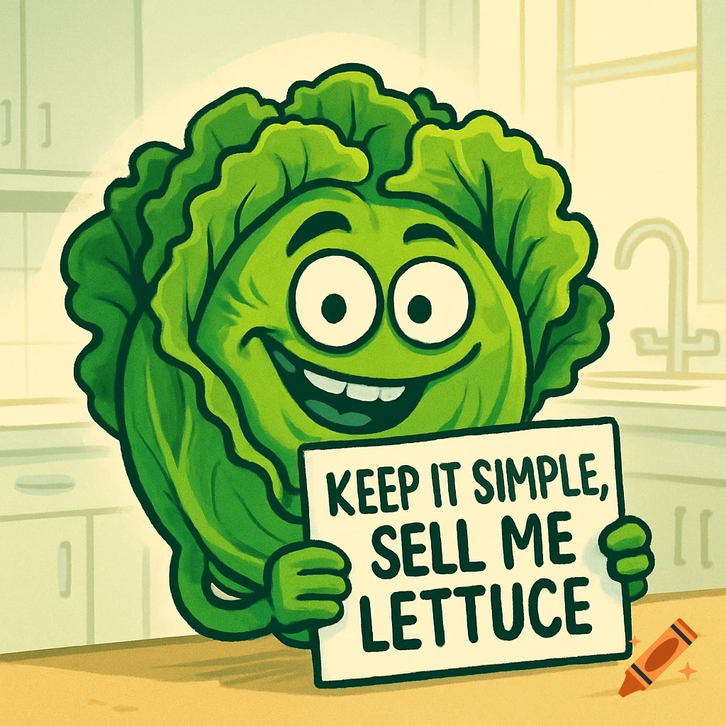 A cheerful cartoon lettuce character holding a white sign that reads 'KEEP IT SIMPLE, SELL ME LETTUCE' in a kitchen setting.