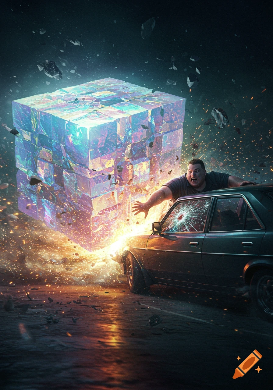 A man screams as a glowing, iridescent cube impacts his car, sending sparks and debris flying in a cinematic style.