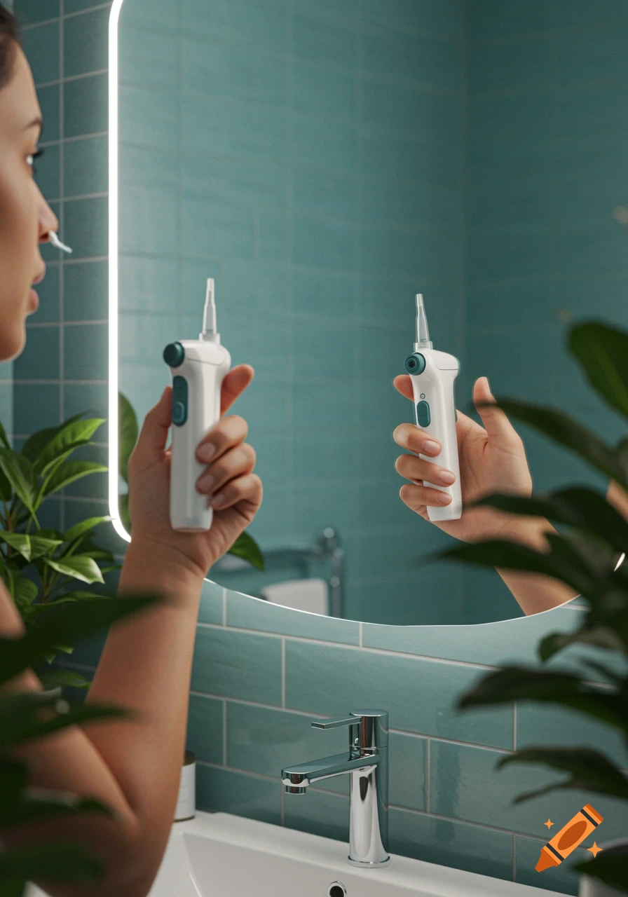 A person holds a white nasal irrigator, reflected in a bathroom mirror against a teal tiled wall, demonstrating personal care.