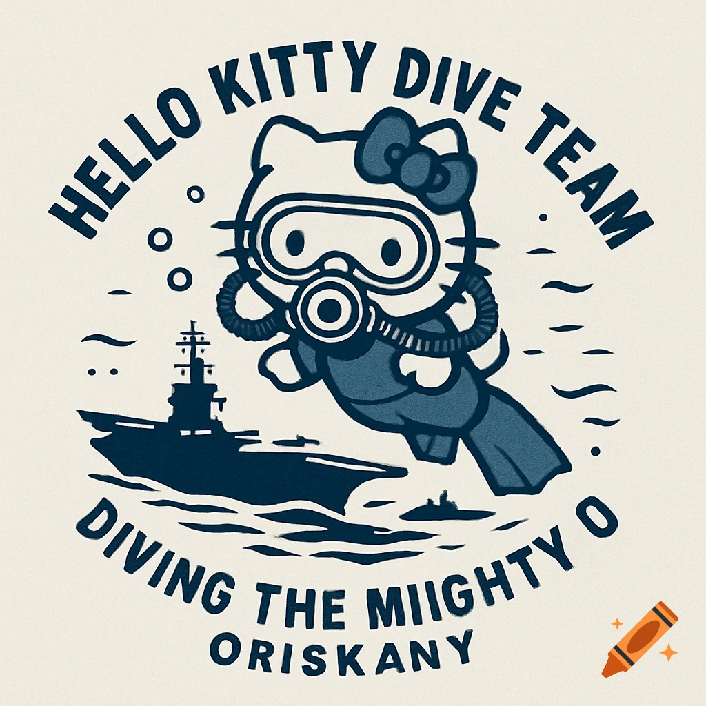Vintage-style logo of Hello Kitty in scuba gear next to an aircraft carrier silhouette, with text 'HELLO KITTY DIVE TEAM DIVING THE MIIGHTY O ORISKANY'.
