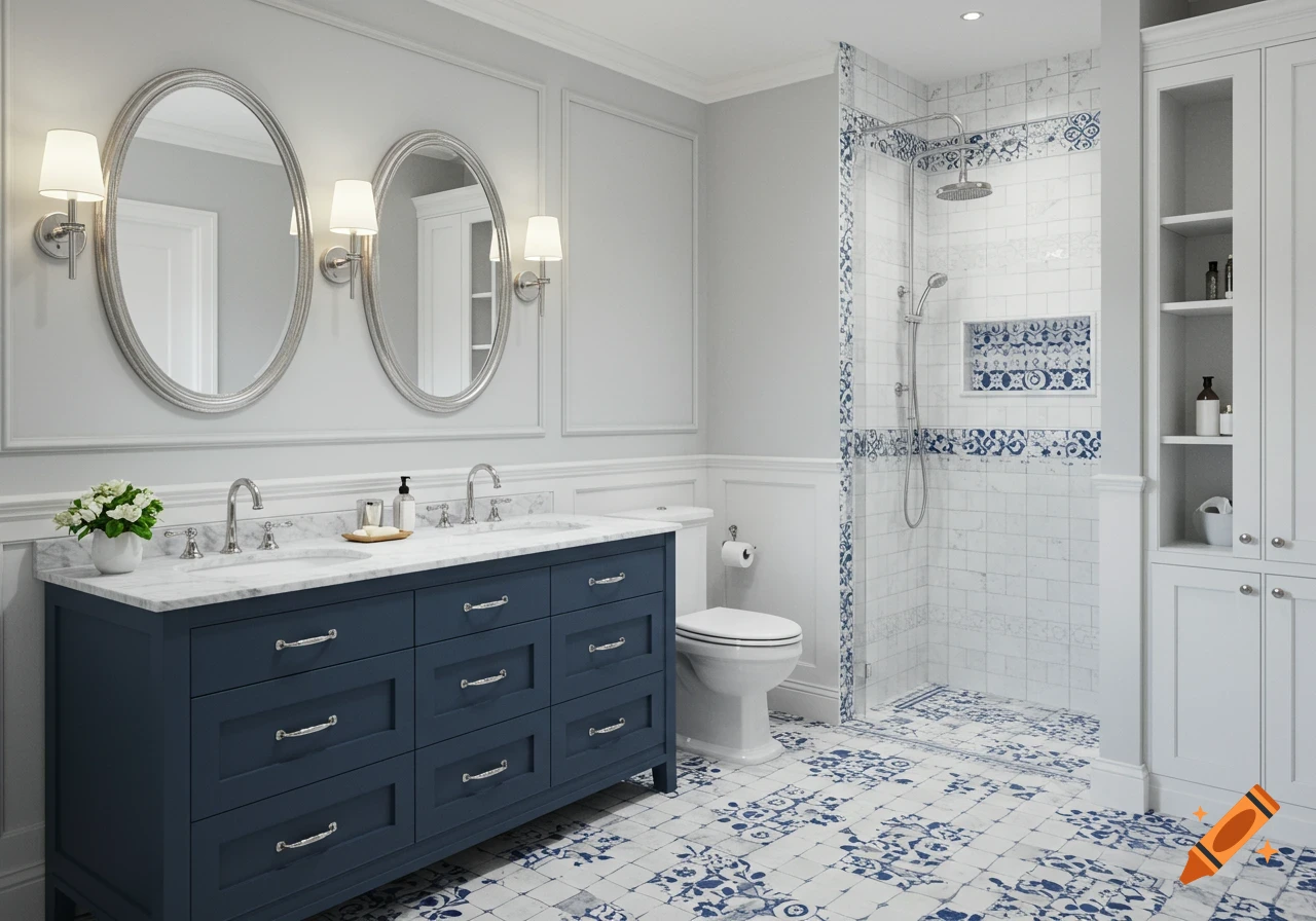 A bright bathroom with a dark blue double vanity, white marble top, oval mirrors, a toilet, a shower with blue and white tiles, and white built-in shelving.