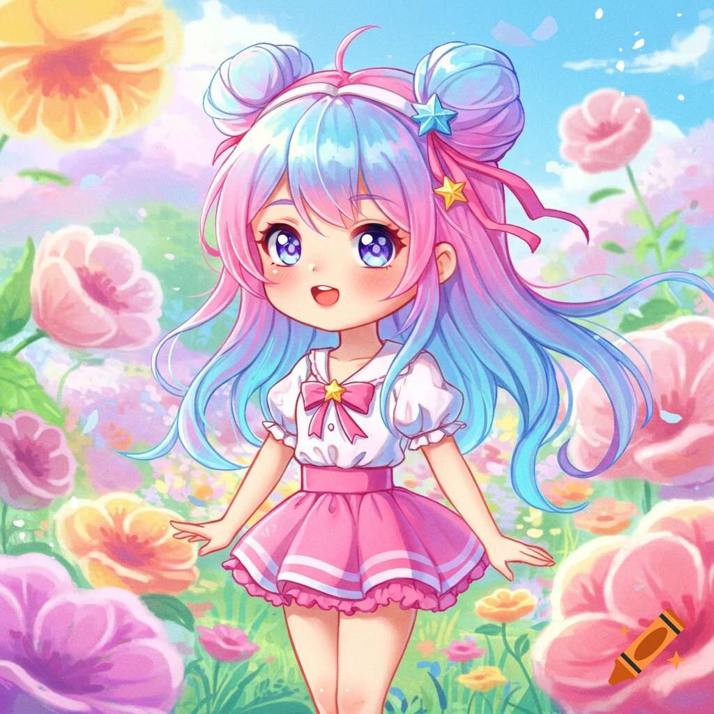 Cute anime girl with pink and blue hair and big eyes, wearing a pink dress, standing in a vibrant flower field under a blue sky.