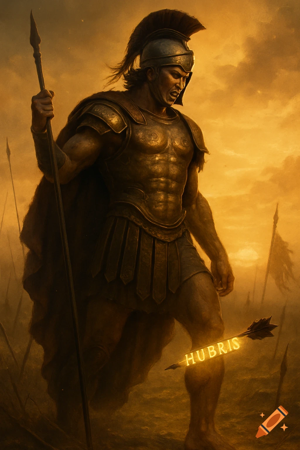 A muscular warrior in golden armor with 'HUBRIS' on an arrow in his heel, on a battlefield at sunset.