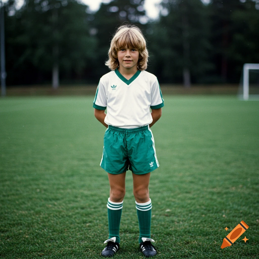 A young boy with dirty blonde hair and bangs stands on a soccer field, wearing a white and green 1980s-style soccer uniform, looking at the camera.