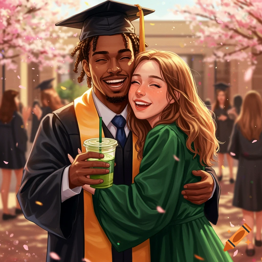An illustration of a diverse couple, a Black man with cornrows and a white woman with light brown hair, both wearing graduation robes and caps, hugging happily. The man holds an iced matcha latte, and pink petals fall around them.