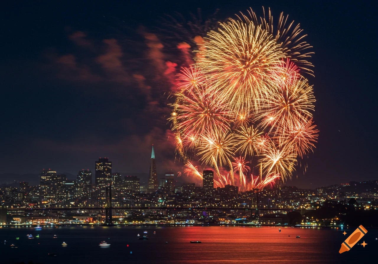 Colorful fireworks explode over the San Francisco city skyline and bay at night.