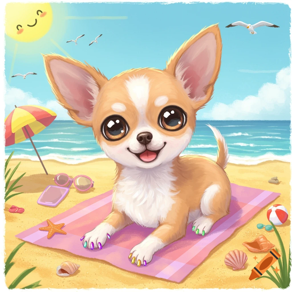 Cute cartoon chihuahua with painted nails sunbathing on a pink towel at a sunny beach with ocean, umbrella, and sunglasses.