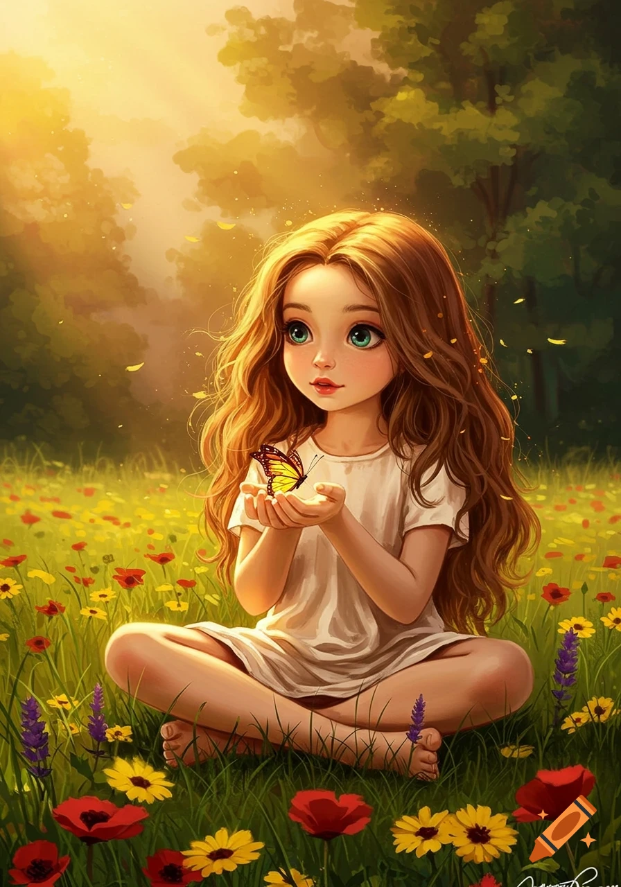 An illustration of a girl with long hair sitting in a field of colorful flowers, holding a butterfly in her hands. Sunlight streams from behind her.