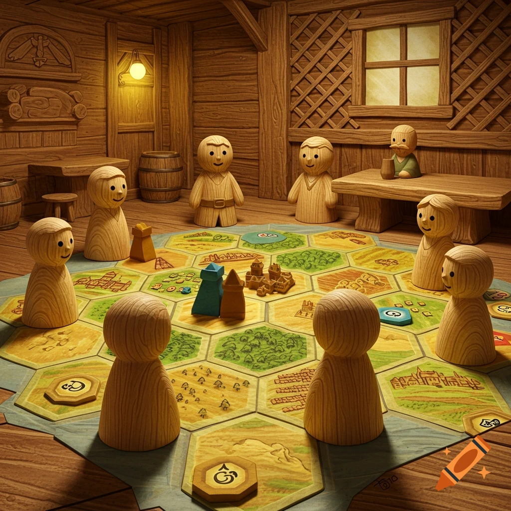 Wooden figures (meeples) playing the Catan board game on a large hexagonal board in a rustic wooden room.