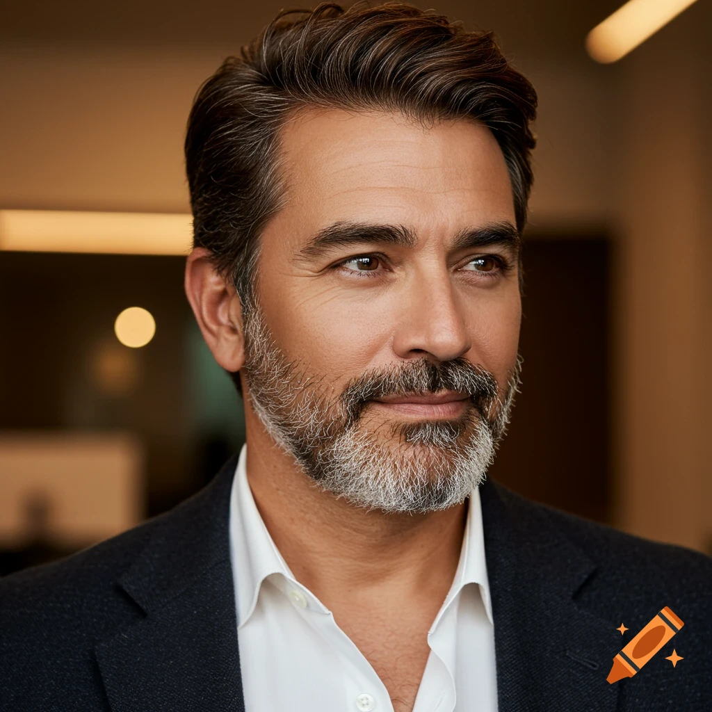 Photorealistic close-up portrait of a mature Hispanic man with a graying beard looking right.