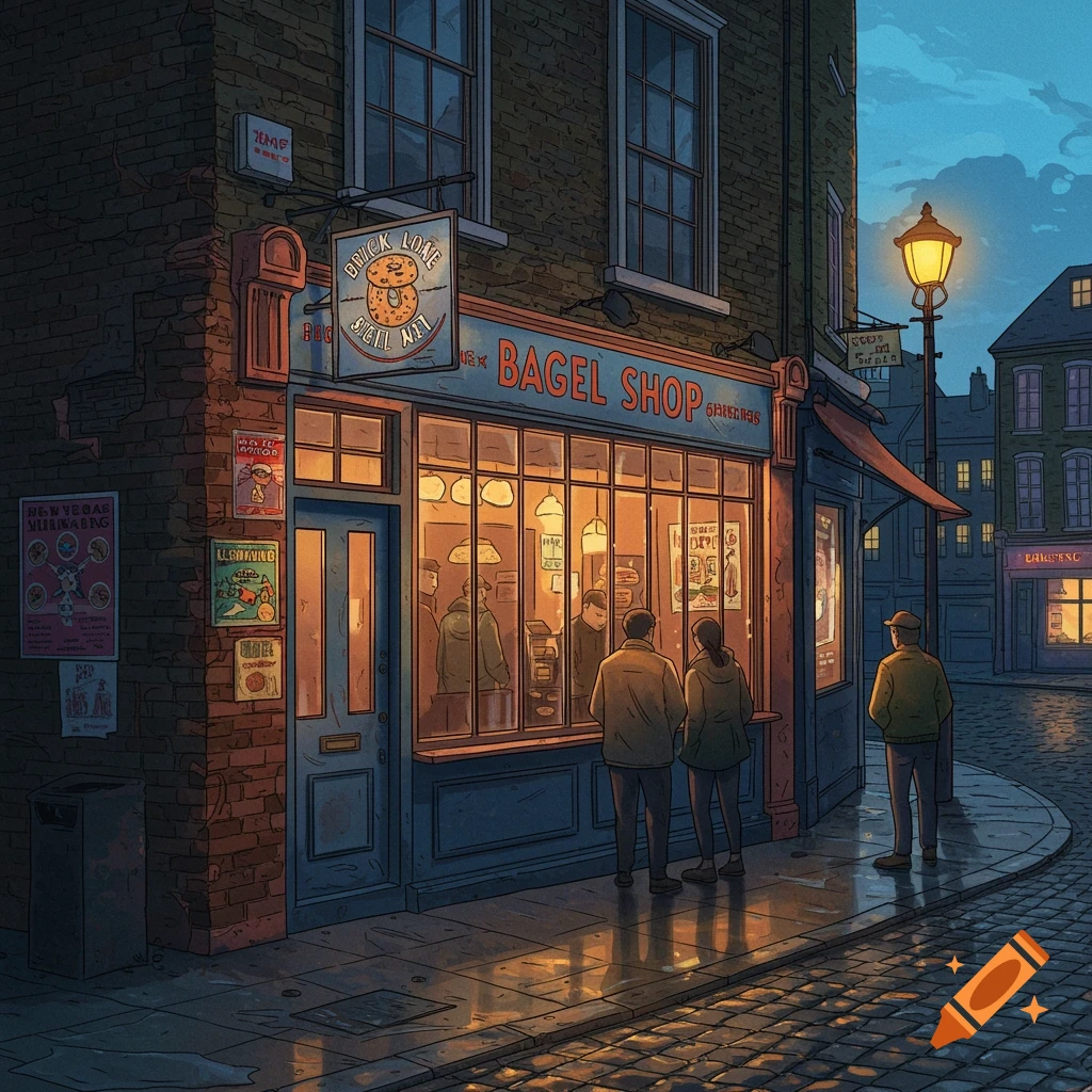 An illustrated street scene at dusk featuring the exterior of a glowing bagel shop in a city, with people outside.