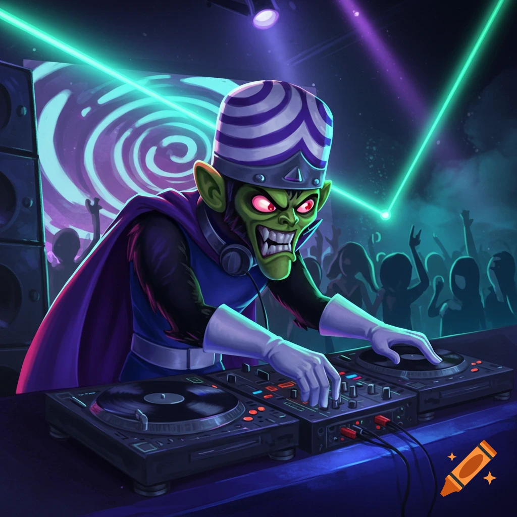 Mojo Jojo from Powerpuff Girls DJing at a vibrant nightclub with green laser lights and a swirling background screen.