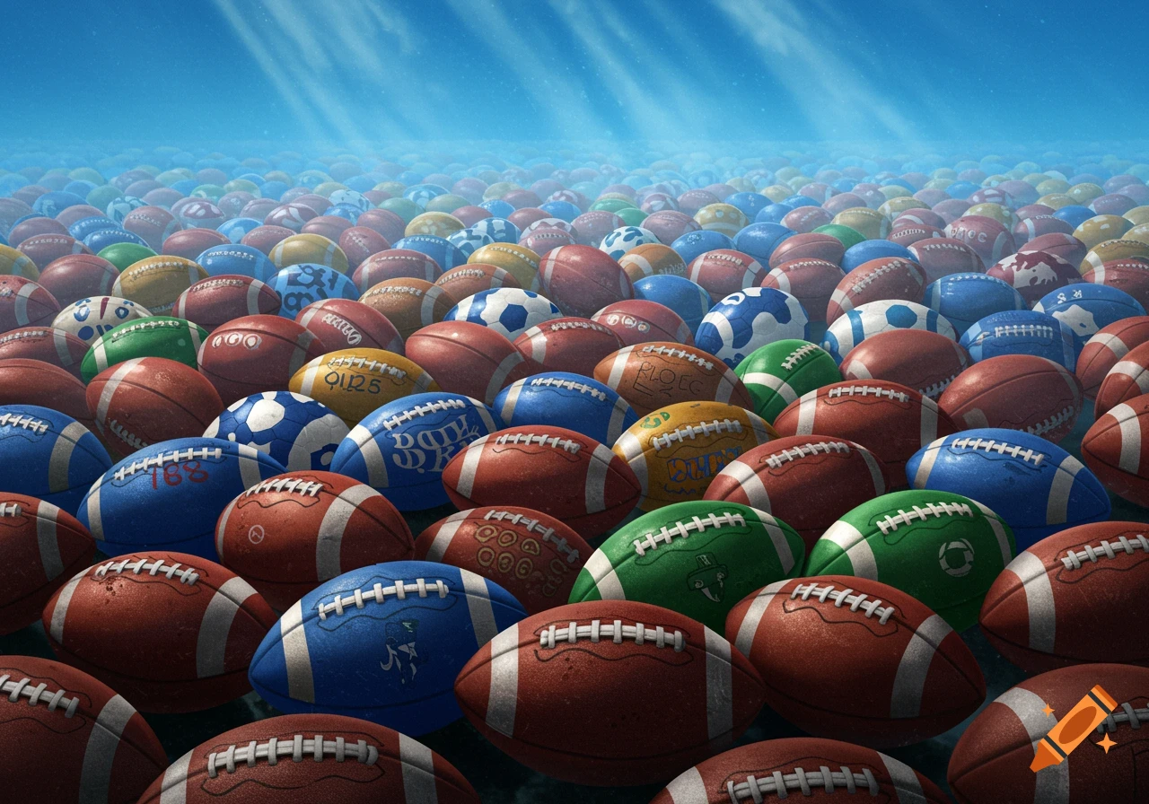 A vast field covered with colorful American footballs under a bright blue sky with light rays.