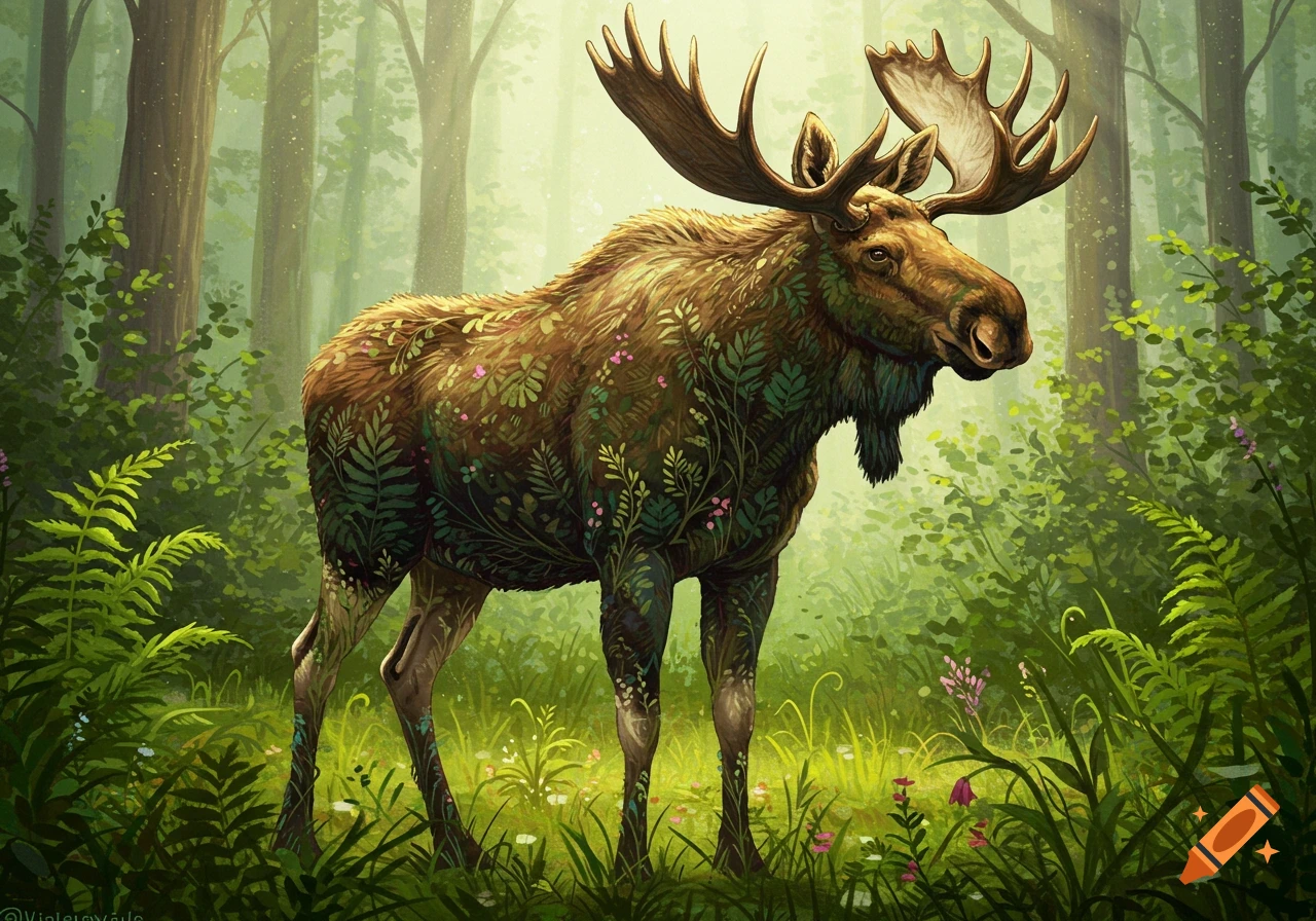 A fantastical moose covered in green foliage and small pink flowers stands in a lush, sun-dappled forest.