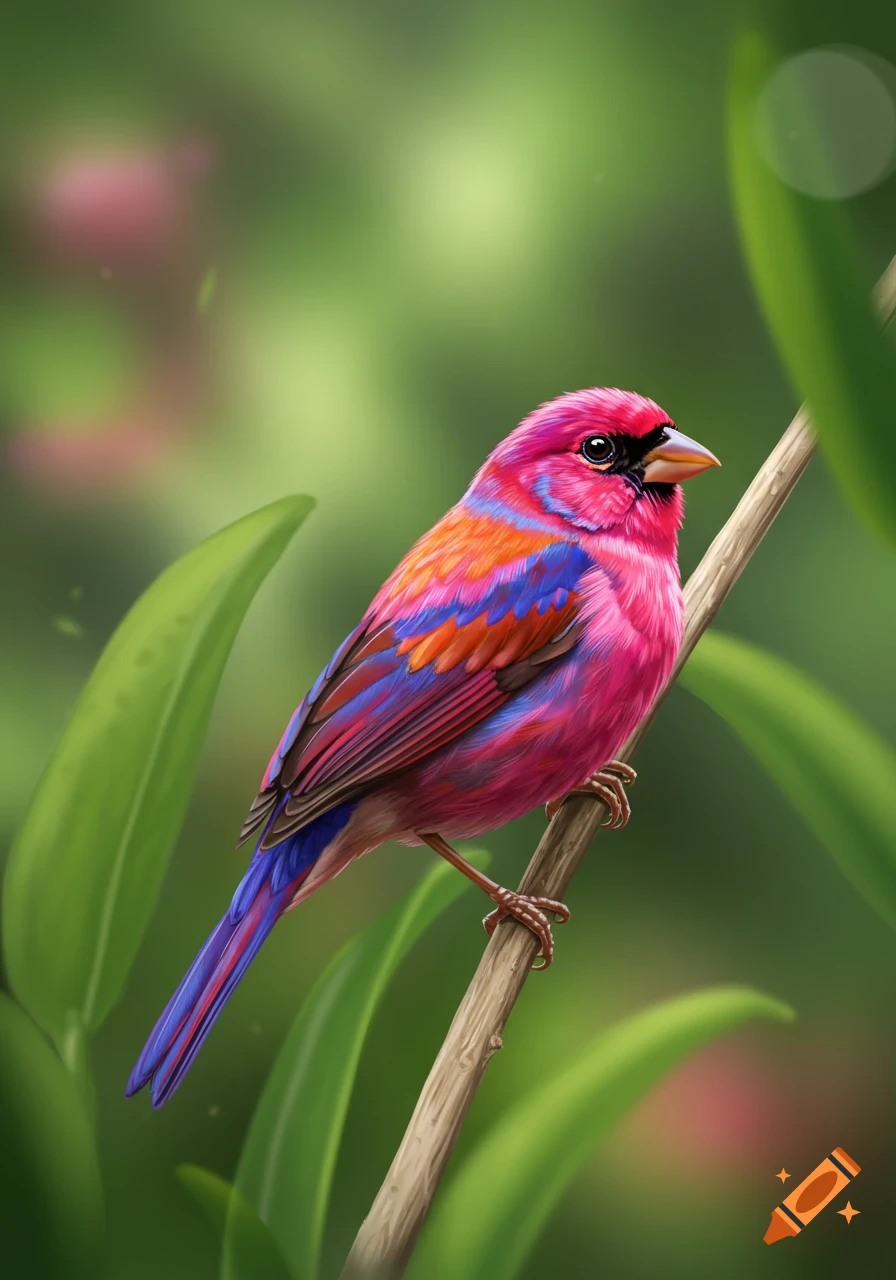 A vibrant pink, orange, and blue bird perches on a brown branch against a blurred green background.