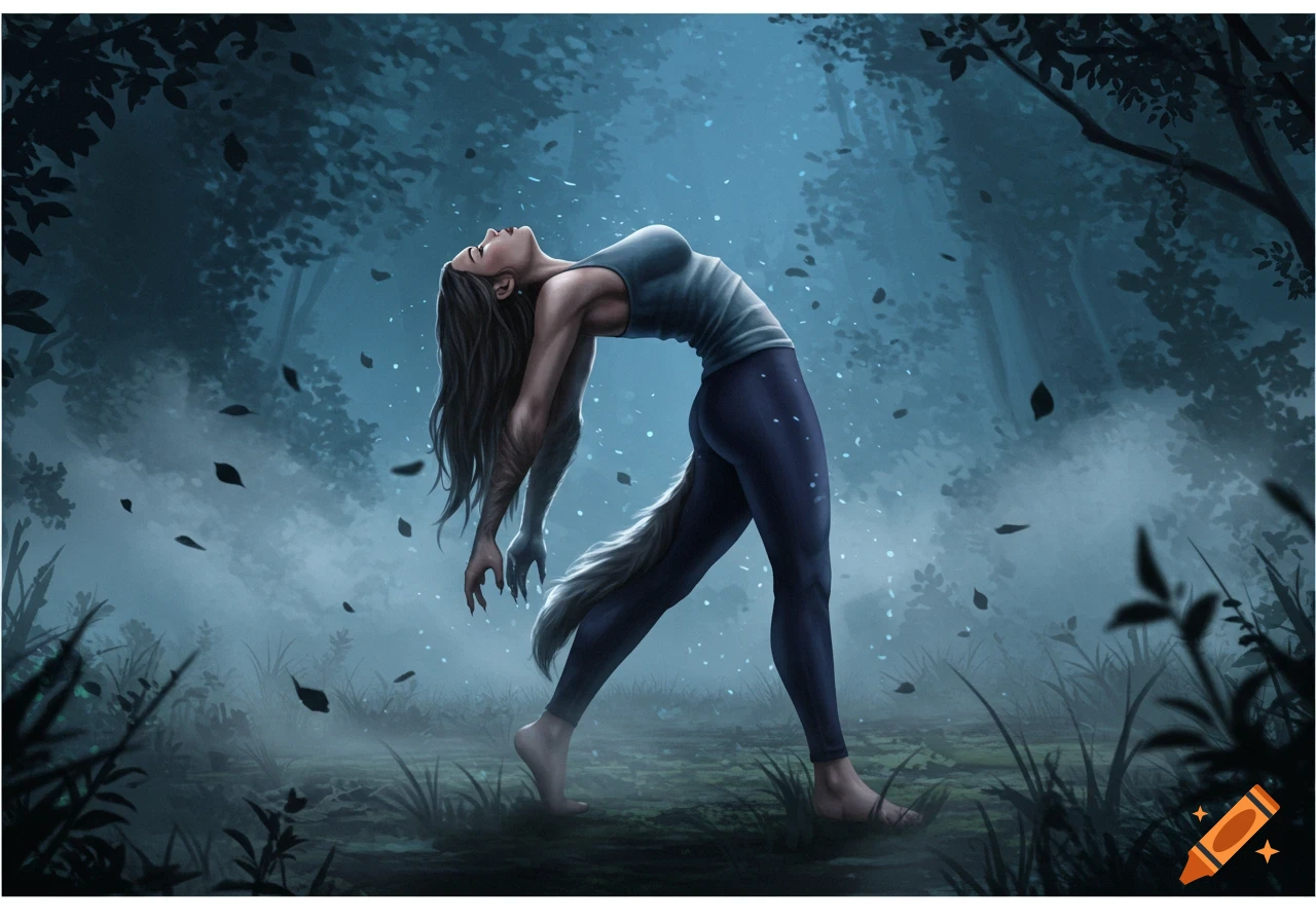 Digital painting of a woman arching her back as she transforms into a werewolf in a misty forest.