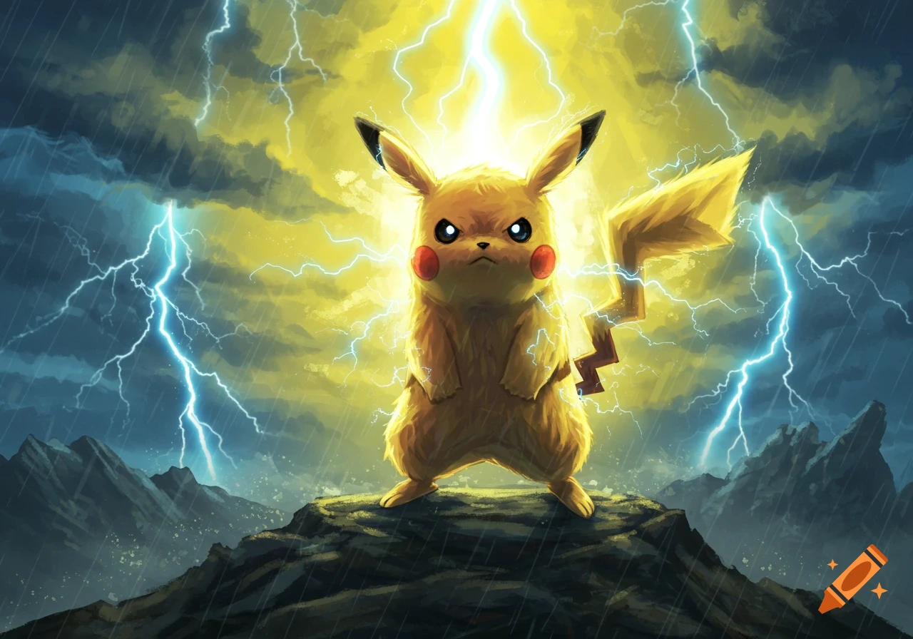 Pikachu stands on a rocky outcrop, emanating bright yellow energy, surrounded by blue lightning strikes and rain in a stormy landscape.