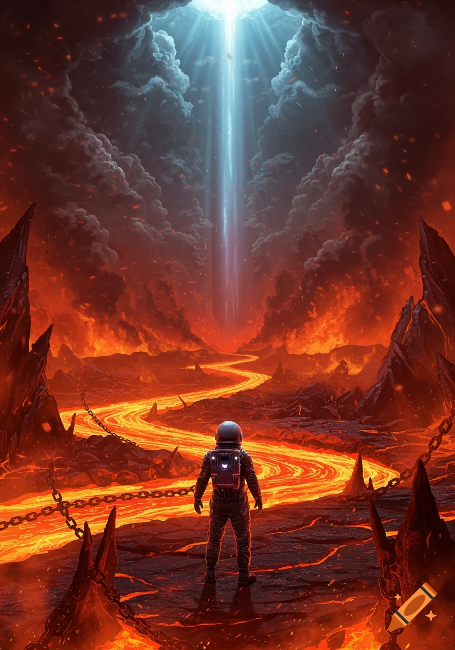 An astronaut stands in a fiery hellscape with lava rivers, looking up at a bright beam of light from the sky.